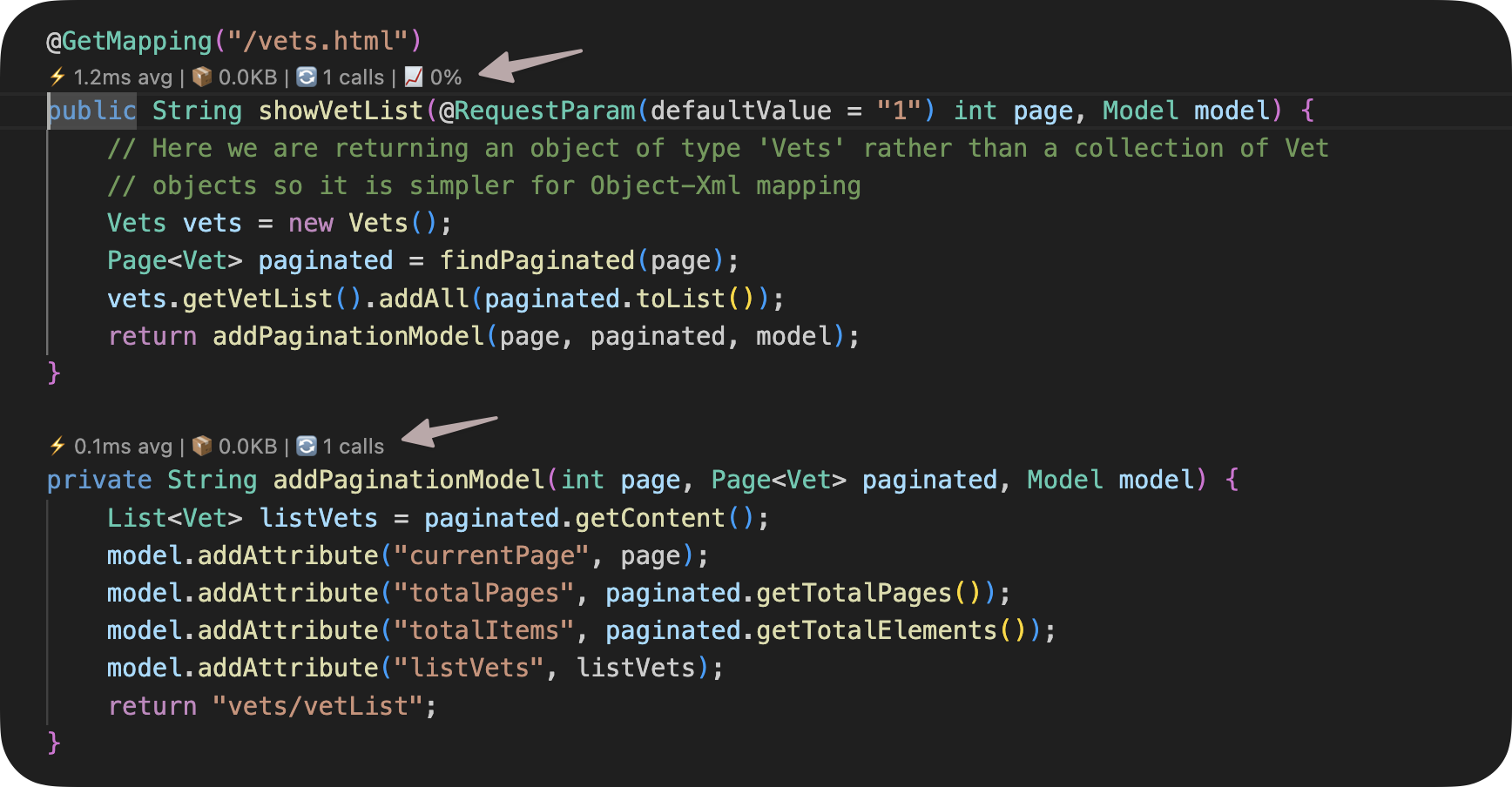 Inline method metrics in IDE