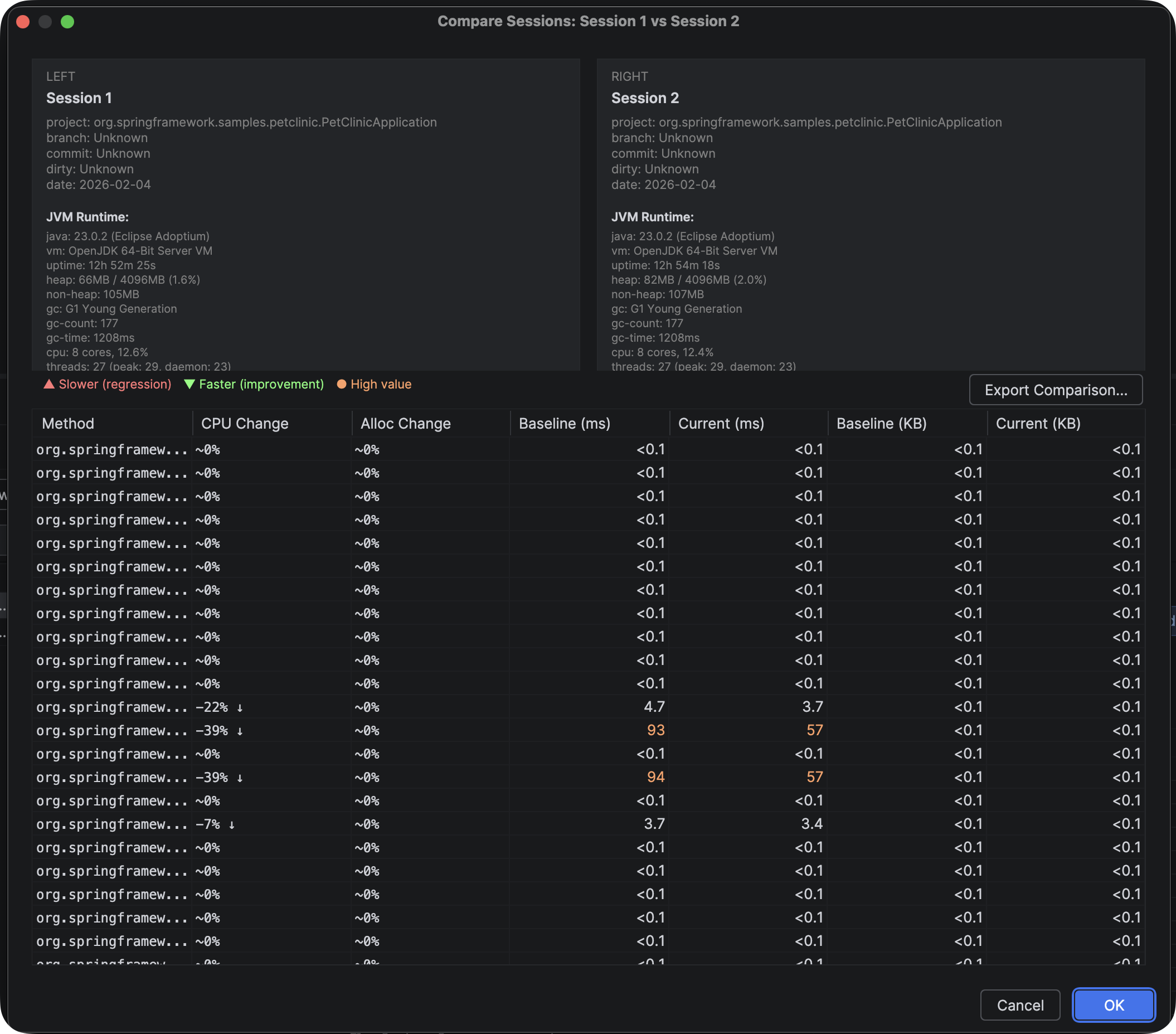 Session comparison and baseline tracking